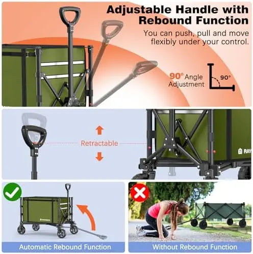Collapsible 220lb Wagon Cart, 120L Foldable with Wheels for Groceries, Beach, Garden, Camping  Green