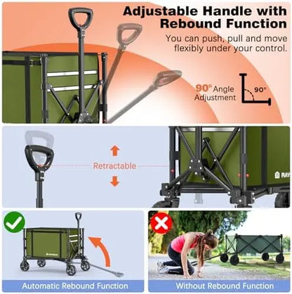 Collapsible 220lb Wagon Cart, 120L Foldable with Wheels for Groceries, Beach, Garden, Camping  Green