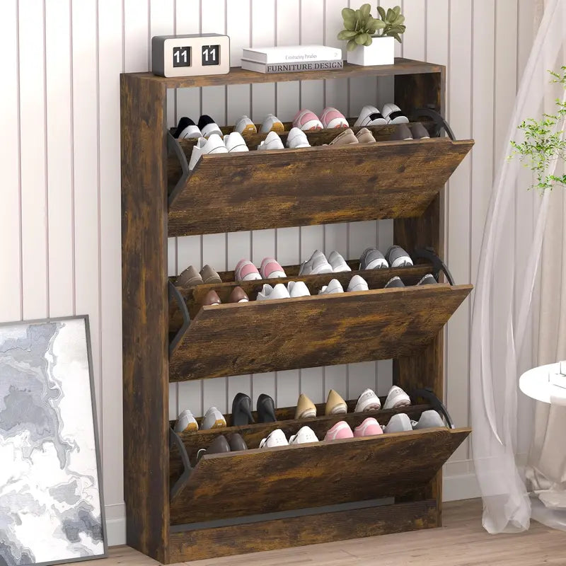 Discreet Freestanding Wood Shoe Cabinet with Three Concealed Flip Drawers