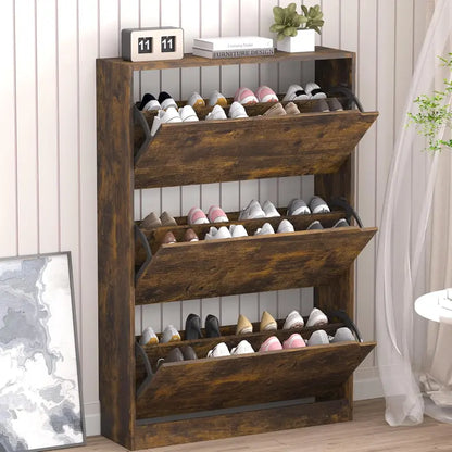 Discreet Freestanding Wood Shoe Cabinet with Three Concealed Flip Drawers