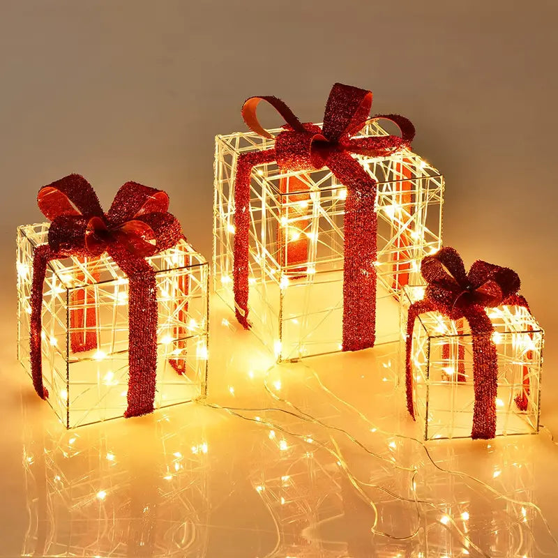 Lighted Christmas Gift Box Ornaments  Set of 3 White LED-Illuminated Decorative Boxes