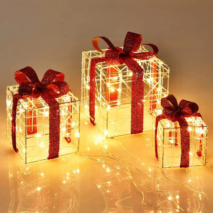 Lighted Christmas Gift Box Ornaments  Set of 3 White LED-Illuminated Decorative Boxes