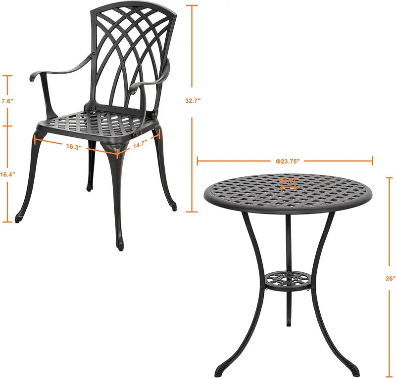 NUU GARDEN 3-Piece Aluminum Bistro Set  Outdoor Patio Table & Chairs with Umbrella Hole & Gray Cushions