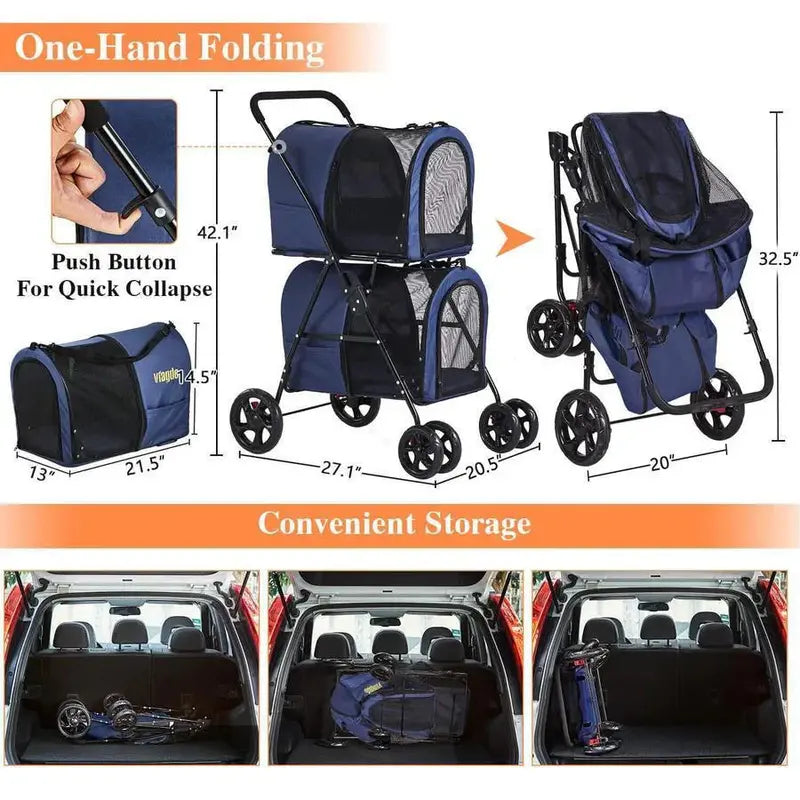 Navy Blue Double Pet Stroller  Foldable 4-Wheel Travel Carrier with Suspension for Two Dogs or Cats
