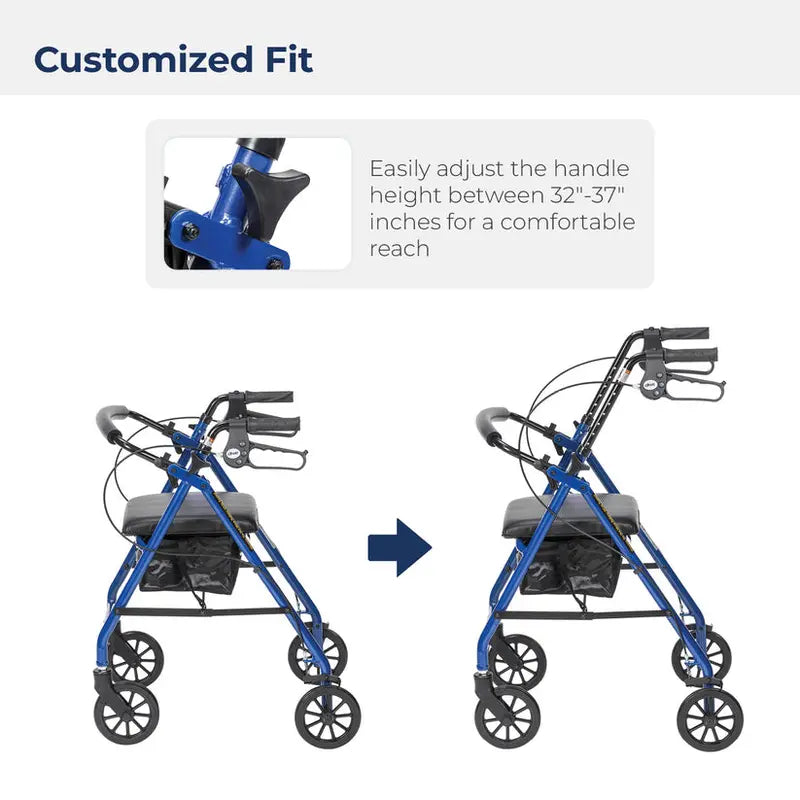 Drive Medical 4-Wheel Rollator Walker  Foldable Design with Padded Seat & Backrest, 6″ Wheels, Durable Blue Frame
