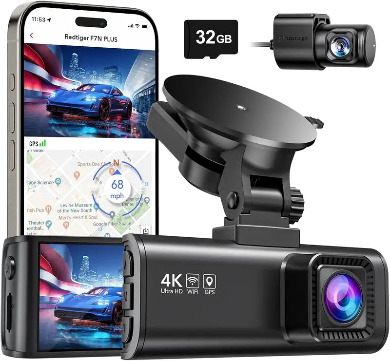 Front-and-Rear 4K/2.5K Dash Cam  Full HD Dual-Channel Recording, Built-in Wi-Fi, GPS & Preloaded 32GB Memory Card