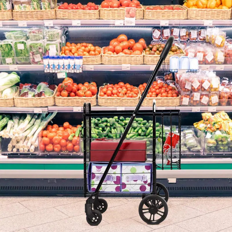 Dual-Basket Folding Utility Cart  Compact Shopping Trolley with 360° Swivel Wheels