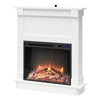 Ameriwood Home Ellsworth Electric Fireplace Console  White Mantel Unit with Built-In Heater and Ambient Glow