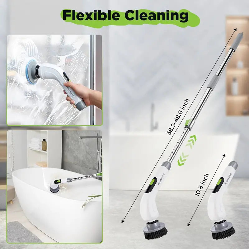 WORKPRO Cordless Spin Scrubber with Adjustable Handle, 3 Power Levels, and 8 Interchangeable Brush Heads