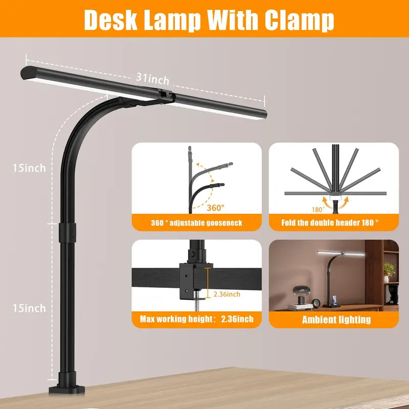 Clamp-Mount Dual-Head LED Desk Lamp  24W, 5 Brightness + 5 Color Modes, Articulating Arm