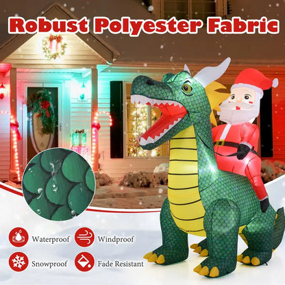 6.7-Foot Inflatable Santa on Dinosaur  Outdoor Holiday Decoration with Built-in Lights and Ground Stakes