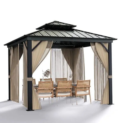 10′ x 10′ All-Weather Hardtop Gazebo  Dual Metal Roof, Aluminum Structure, Netting & Curtains, Khaki Patio Shelter