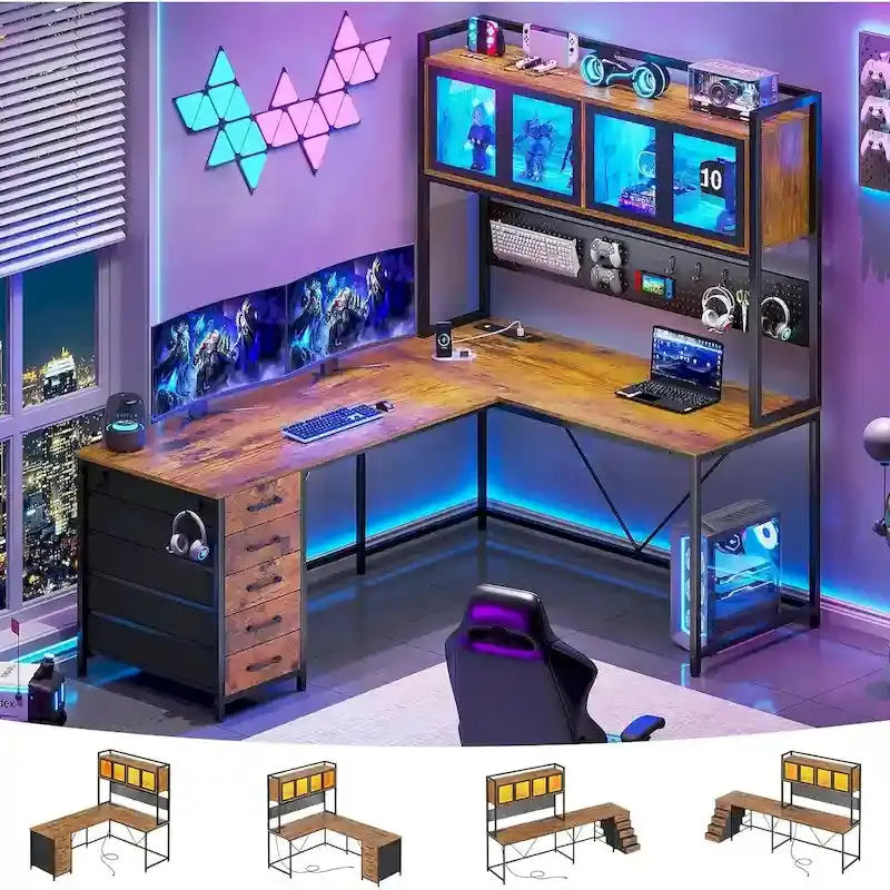 L-Shaped Gaming Desk with Pegboard Wall System, Five-Drawer Organizer, and Shelf Storage