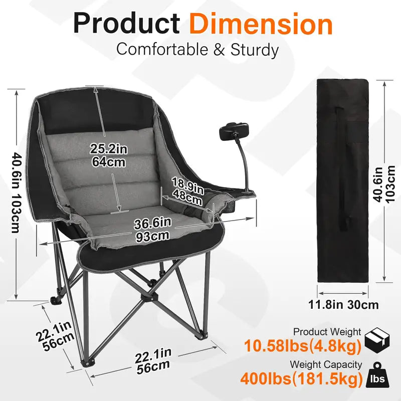 Premium Folding Camping Chair  400 lb Capacity, Cup & Phone Holders, Compact Design
