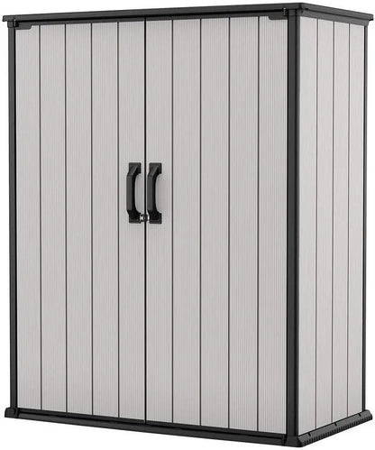 Keter Premier Vertical Storage Shed  Heavy-Duty Resin Outdoor Cabinet with Floor, Lockable Double Doors & Weather-Resistant Grey Finish
