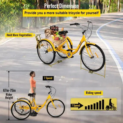 26-Inch 7-Speed Adult Tricycle with Front Basket & Shopping Rack