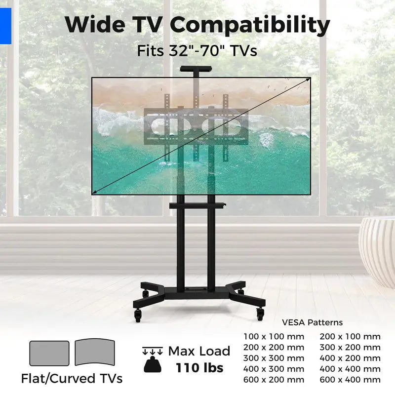 Rolling TV Cart  Lightweight Mobile Stand for 32″70″ Flat or Curved Screens (Up to 110 lbs), VESA 600×400 mm Support