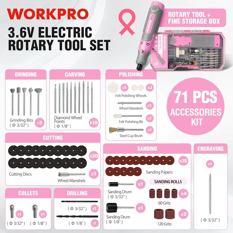 WORKPRO 3.6V Cordless Rotary Tool Kit — Compact Electric Engraving & Grinding Set, Pink Ribbon