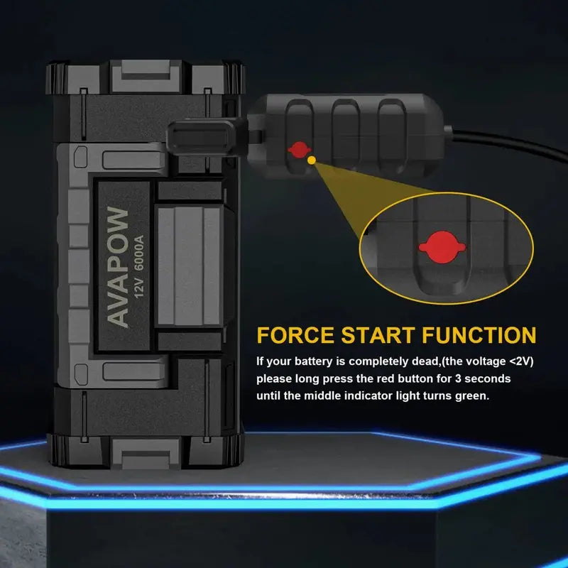AVAPOW 6000A Peak Amp Portable Jump Starter with USB Quick Charge, DC Output, and LED Spotlight