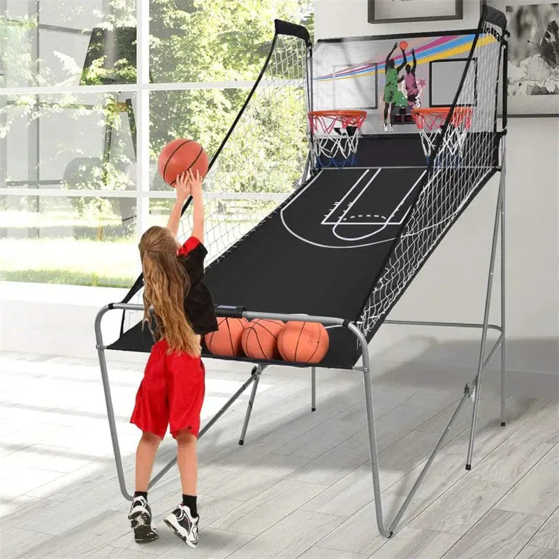 Foldable Indoor Basketball Arcade Game  Electronic Double-Shot LED Scorer with Four Balls