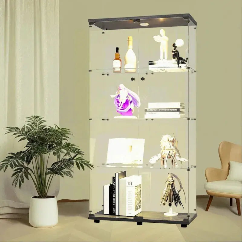 Lighted Double-Door Glass Display Cabinet  Black Finish with Four Adjustable Shelves