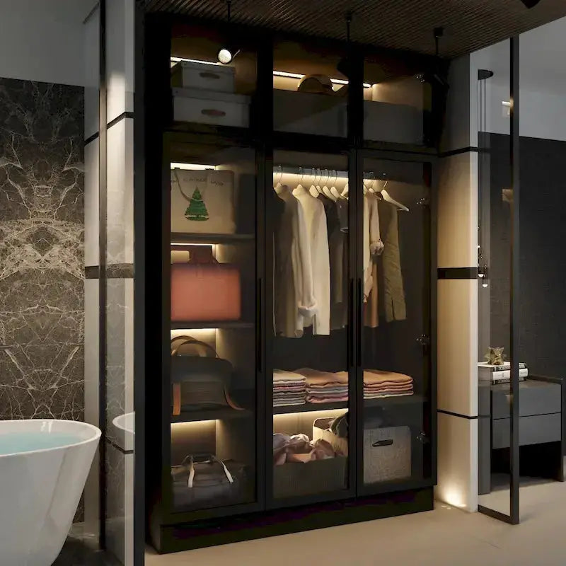 LED-Lit Glass Armoire  47.2″ Wide Wardrobe with Full-Glass Doors