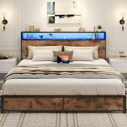 Lifezone Queen Platform Bed  2-Tier Storage Headboard with Charging Station, LED Lights & Quiet Metal Support