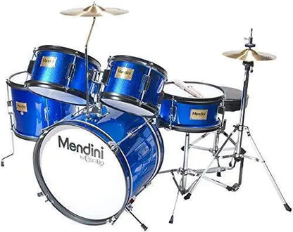 Cecilio Mendini MJDS-5BL Kids’ 5-Piece Drum Set  16″ Blue Metallic Starter Kit with Throne, Cymbal, Pedal & Sticks