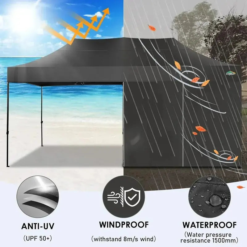 COBIZI 10×20 Pop-Up Canopy Tent  Heavy-Duty Commercial Grade with 6 Sidewalls for Weddings and Parties