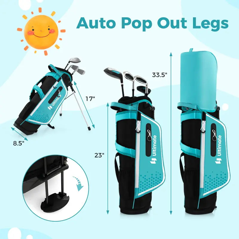 Junior Right-Handed Golf Club Set for Kids Including Stand Bag & Weatherproof Rain Hood