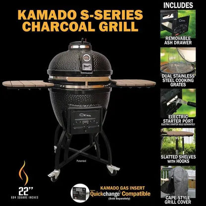 Kamado S-Series 22″ Ceramic Charcoal Grill  Black Kamado with Cart, Side Shelves, Dual Grates, and Ash Drawer