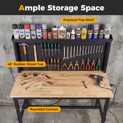 48-Inch Heavy-Duty Workbench  Built-in AC/USB Outlets & Modular Pegboard System