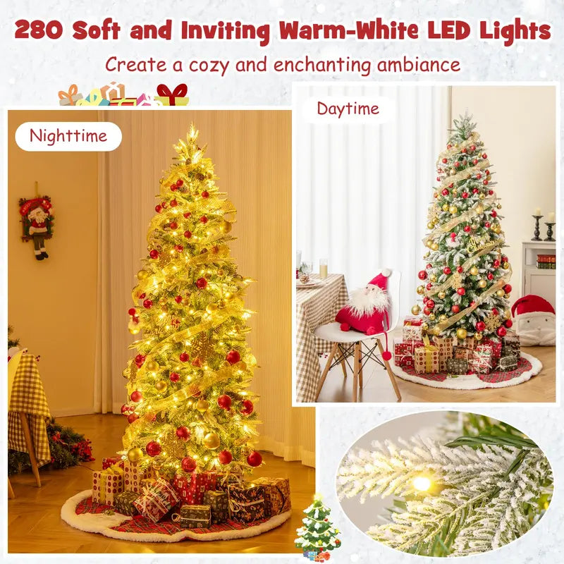 6-Foot Pre-Lit Pencil-Style Artificial Christmas Tree with Snow Flocking and 280 Warm-White LEDs
