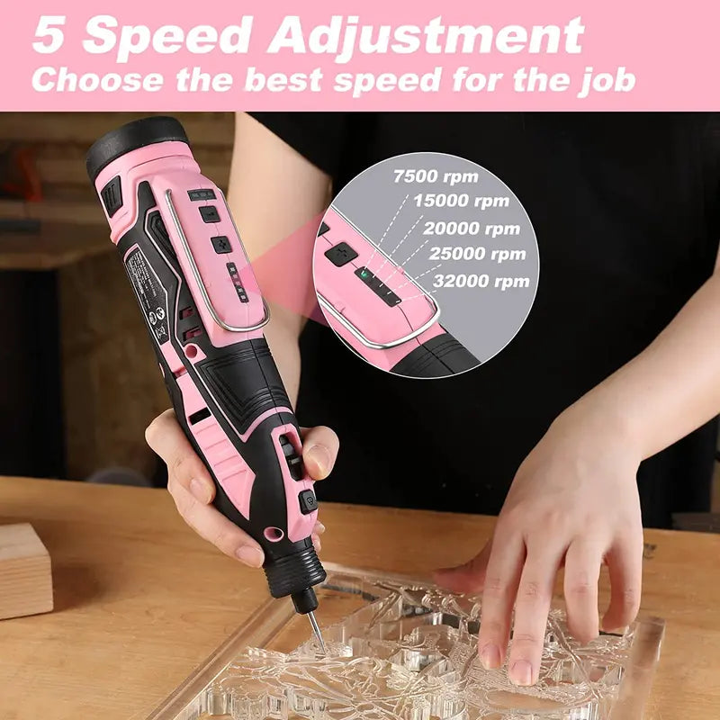 WORKPRO 12V Cordless Rotary Tool Kit  5-Speed Adjustable Mini Grinder with 114 Accessories and Pink Ribbon Packaging