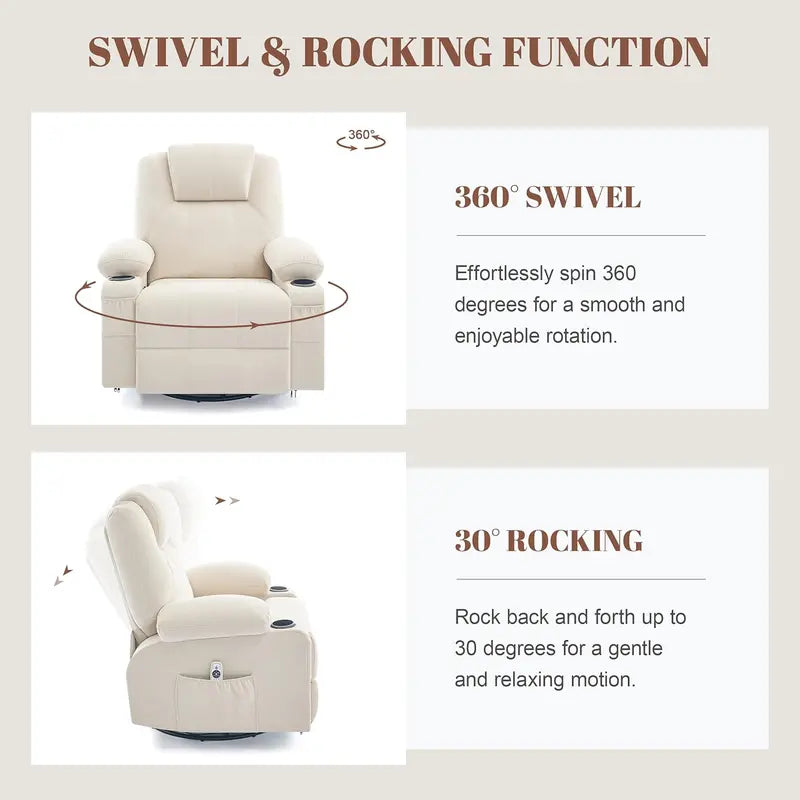 Large Swivel Rocking Recliner Sofa  Single-Seat Heated & Massaging Lounge Chair