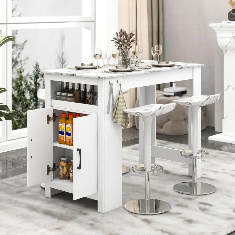 47-Inch White Counter-Height Faux Marble Pub Table with Integrated Storage, Hanging Hooks, Compartment, and Adjustable Shelf—Ideal for Small Breakfast Nooks