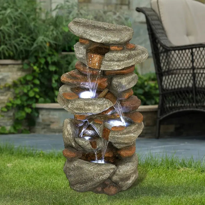 Watnature 4-Tier Rock Water Fountain with LED Lights  Outdoor Water Fountains Cascading Floor Water Feature Art Decor for Garden, Pation, Deck, Porch
