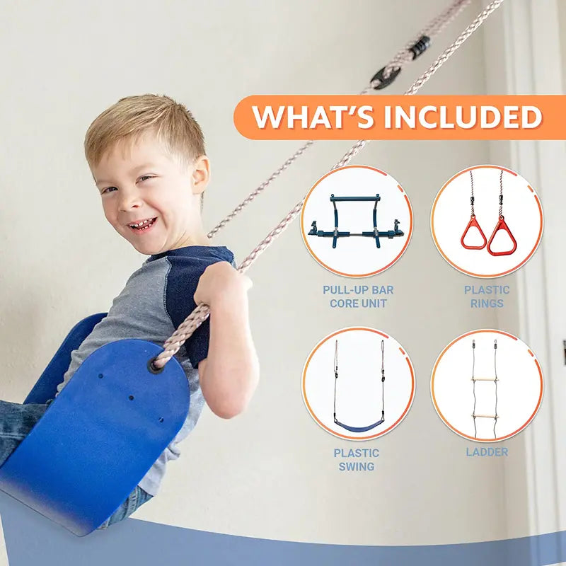 6-Piece Indoor Gym Kit for Kids  Swing Chair, Trapeze Rings, Climbing Ladder, Rope, Pull-Up Bar & Accessories