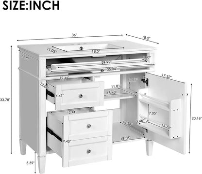 Modern 36-Inch Freestanding Bathroom Vanity  Single Undermount Sink, Soft-Close Drawers, Tip-Out Shelf, Solid Wood Frame