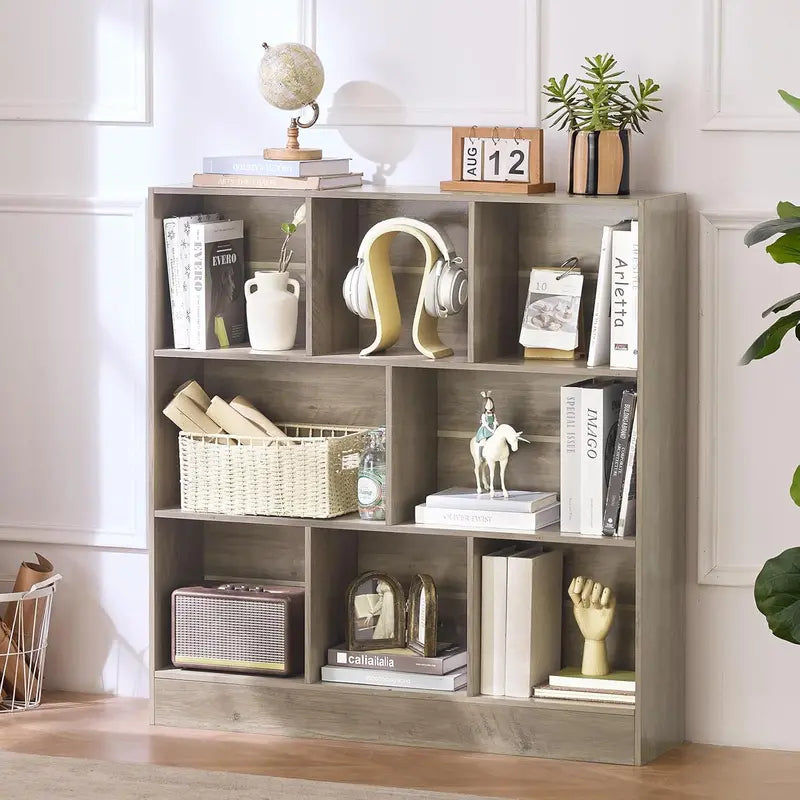 LEYAOYAO Natural Wood 7-Cube Bookshelf  Modern Open-Back Storage Unit with Solid Legs