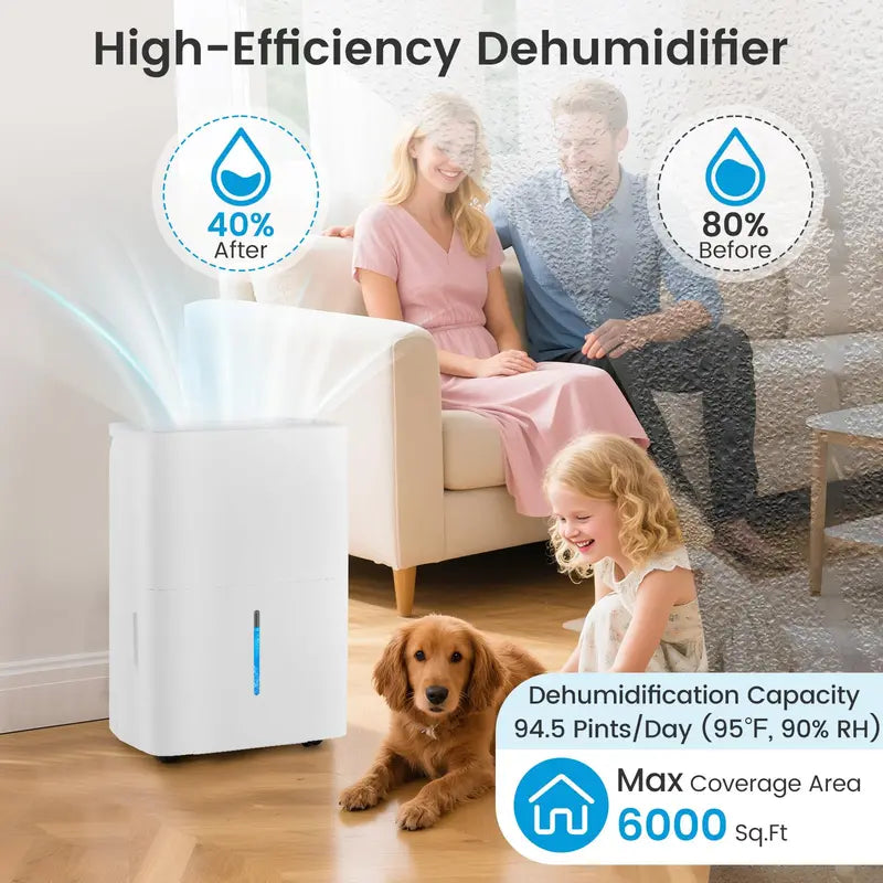 94.5-Pint Dehumidifier for Large Spaces  Covers Up to 6,000 Sq. Ft (Basements, Bathrooms)