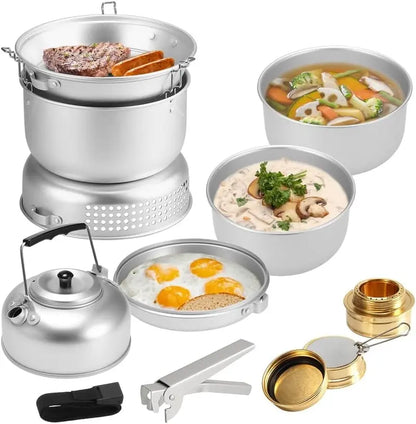 Portable Aluminum Camping Stove Set with Pots, Plates, Kettle & Accessories  Lightweight & Compact for Outdoor Use