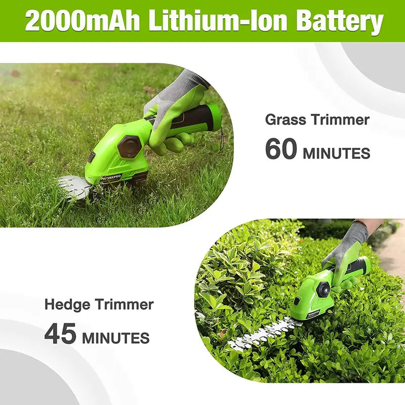 WORKPRO 7.2V Dual-Function Cordless Trimmer  Handheld Hedge Shear and Grass Trimmer in One