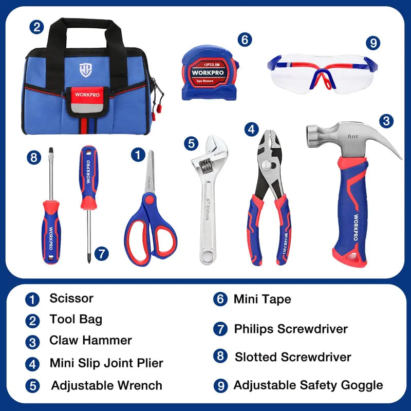 WORKPRO Kids’ Junior Tool Set  9-Piece with Pink/Blue Bag  Pink Ribbon Edition