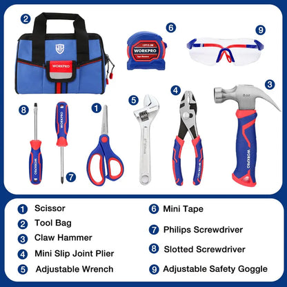 WORKPRO Kids’ Junior Tool Set  9-Piece with Pink/Blue Bag  Pink Ribbon Edition