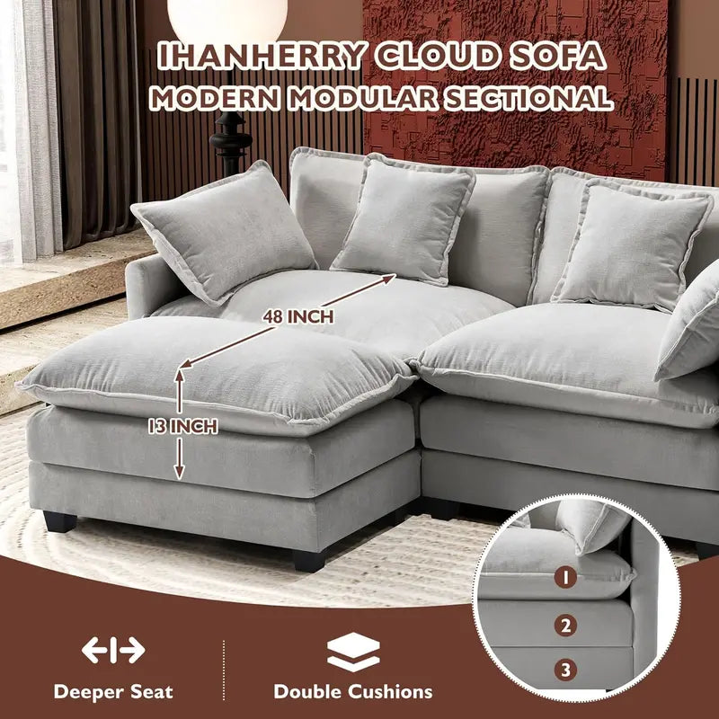 Ihanherry 146-Inch U-Shaped Modular Sectional Sofa in Chenille  Cloud-Style Deep-Seat Design with Dual Ottomans and Six Decorative Pillows, Grey
