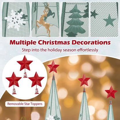Three-Tier Tower-Style Artificial Christmas Trees — 3 ft, 3.5 ft, and 4 ft Metal Frames with Removable Star Toppers and Mini Reindeer Accents