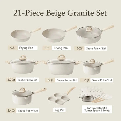 Carote 21-Piece Granite-Coated Nonstick Cookware Set — Eco-Friendly, Induction-Ready, Beige Finish
