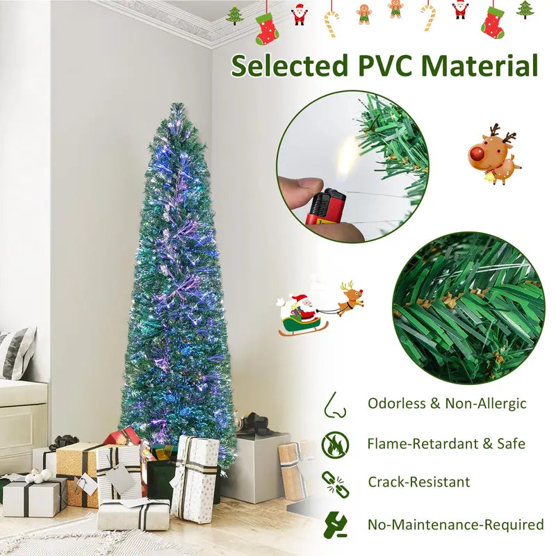 6-Foot or 7-Foot Fiber Optic Pencil-Style Christmas Tree for Compact Holiday Spaces