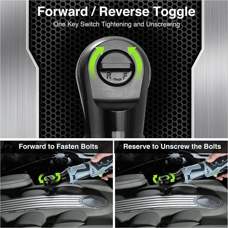 WORKPRO 12V Cordless Electric Ratchet Wrench  3/8″ Drive, 40 Ft-lbs Torque, Includes 9-Piece Accessory Kit